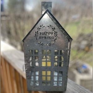 Metal House Candle Lantern Light with 'Happy Spring' Cutout